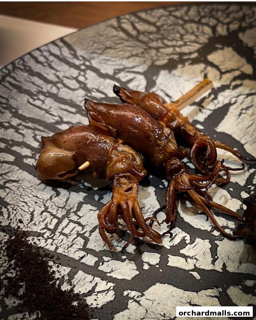 Close-up of grilled squid skewers served on a decorative plate.