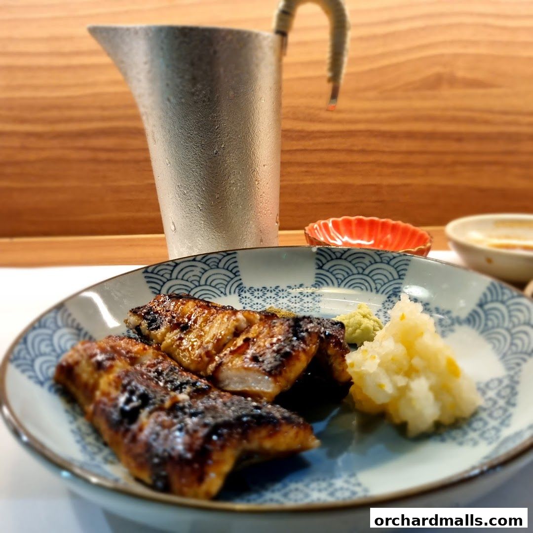 Grilled eel served with wasabi and grated radish on a decorative plate.