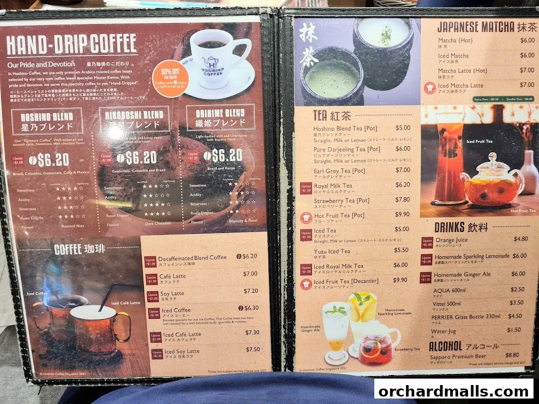 A menu from Hoshino Coffee featuring hand-drip coffee, Japanese matcha, teas, and drinks.