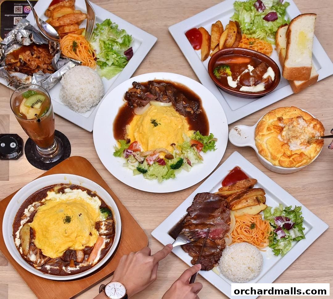 A spread of delicious Japanese-Western fusion dishes, including omelet rice, steak, and soufflé.