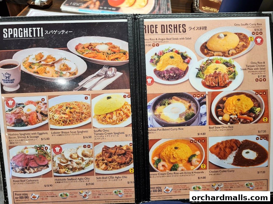 A menu from Hoshino Coffee featuring Spaghetti and Rice Dishes with enticing food photography.