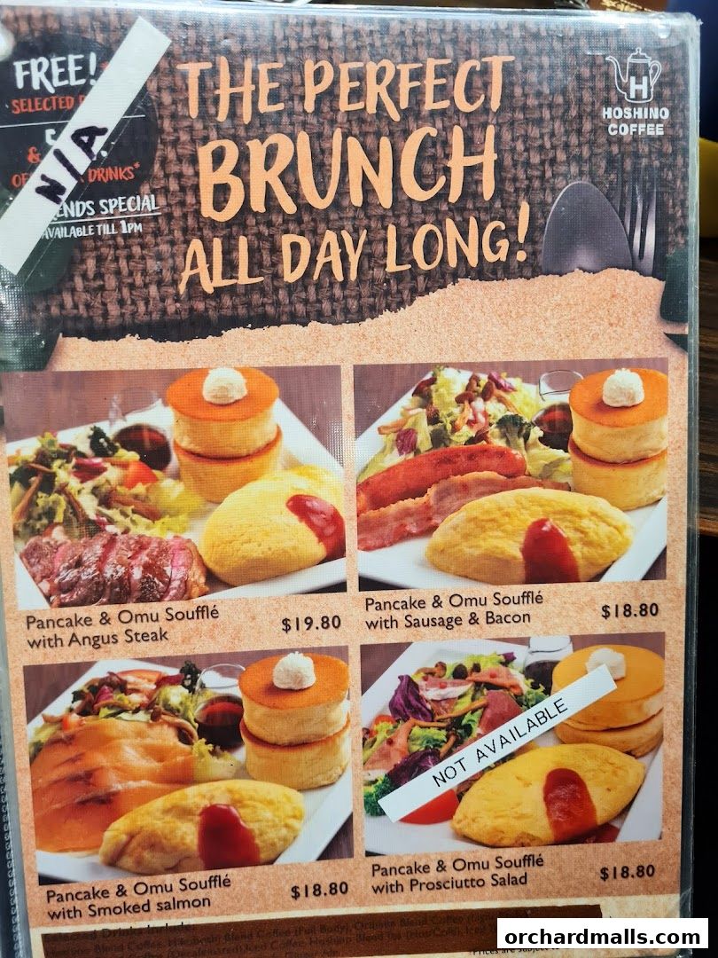 A menu featuring Hoshino Coffee's signature pancakes and omelets, with various savory and sweet options.