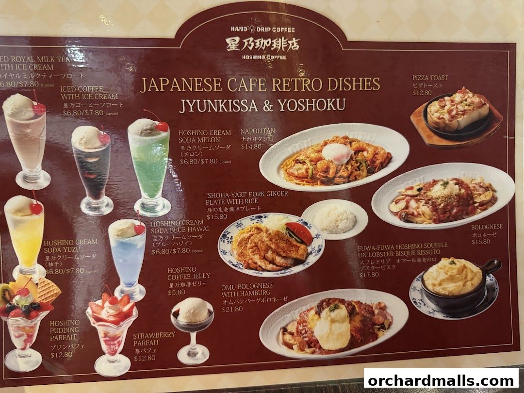 A menu showcasing various Japanese cafe dishes, desserts, and drinks with appealing visuals.
