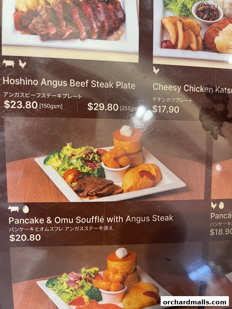A menu featuring Hoshino Coffee's Angus Beef Steak Plate and other dishes.