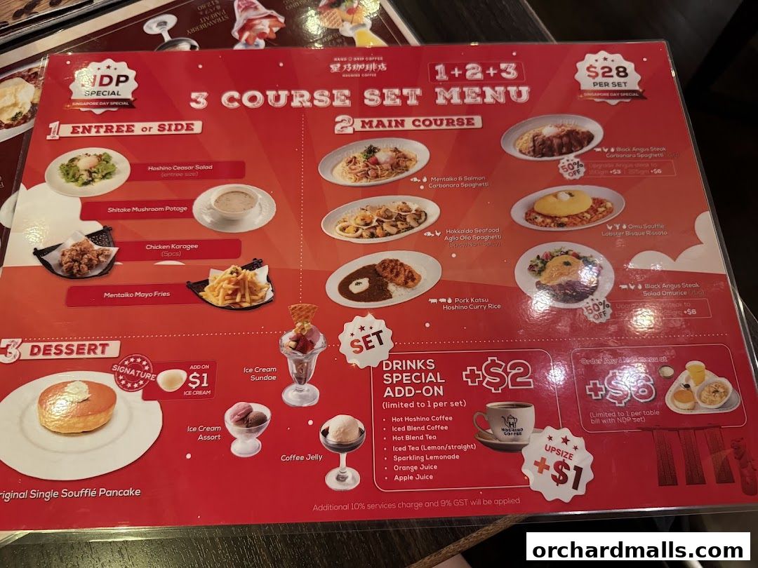 A menu for Hoshino Coffee's 3-course set, featuring entrees, main courses, desserts, and drink add-ons.