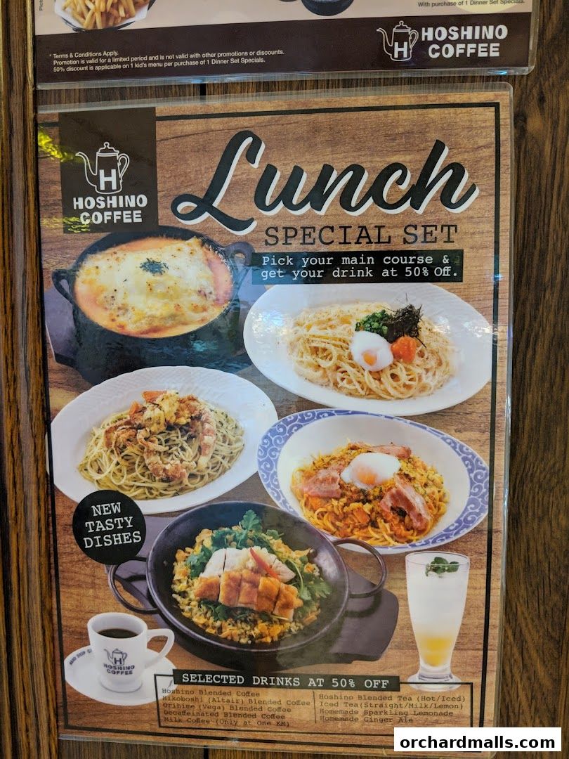 A menu for Hoshino Coffee featuring a lunch special set with various pasta dishes and drinks.