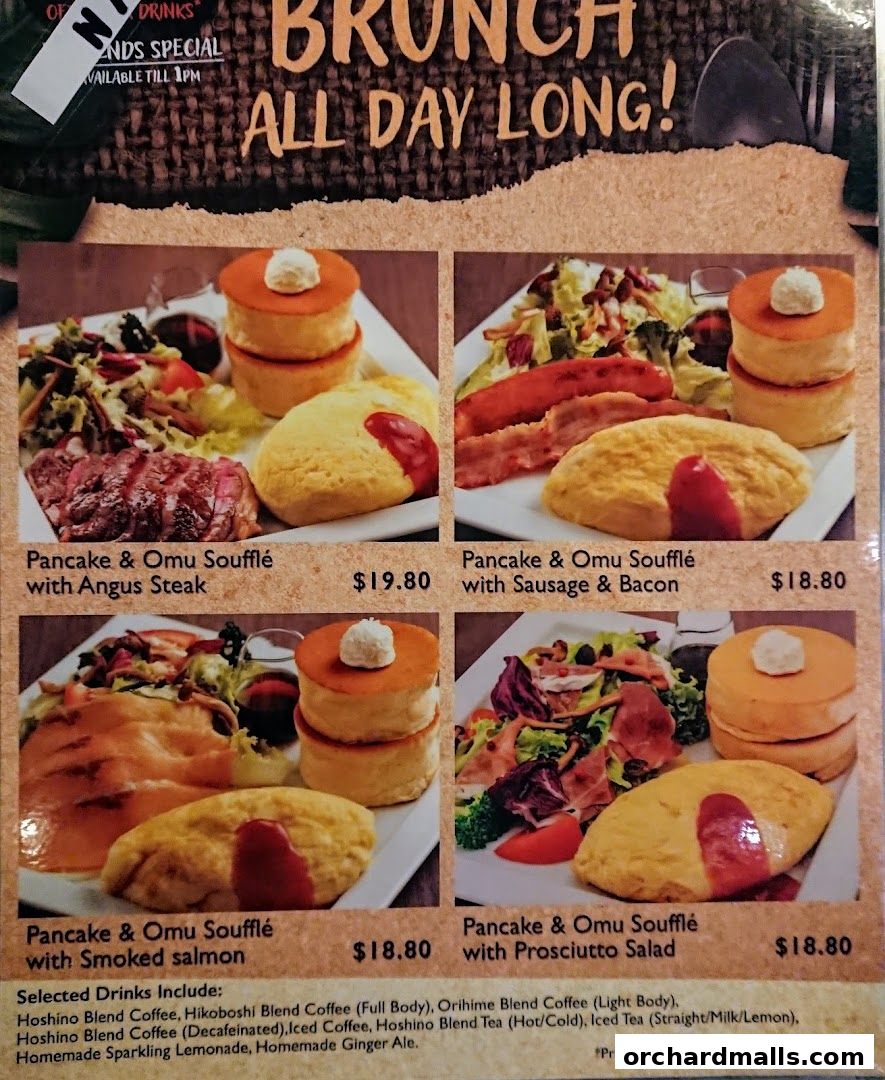 A menu showcasing Hoshino Coffee's all-day brunch specials with fluffy pancakes and omelets.