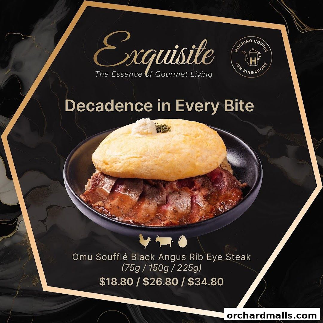 A gourmet dish featuring Omu Soufflé Black Angus Rib Eye Steak with prices.
