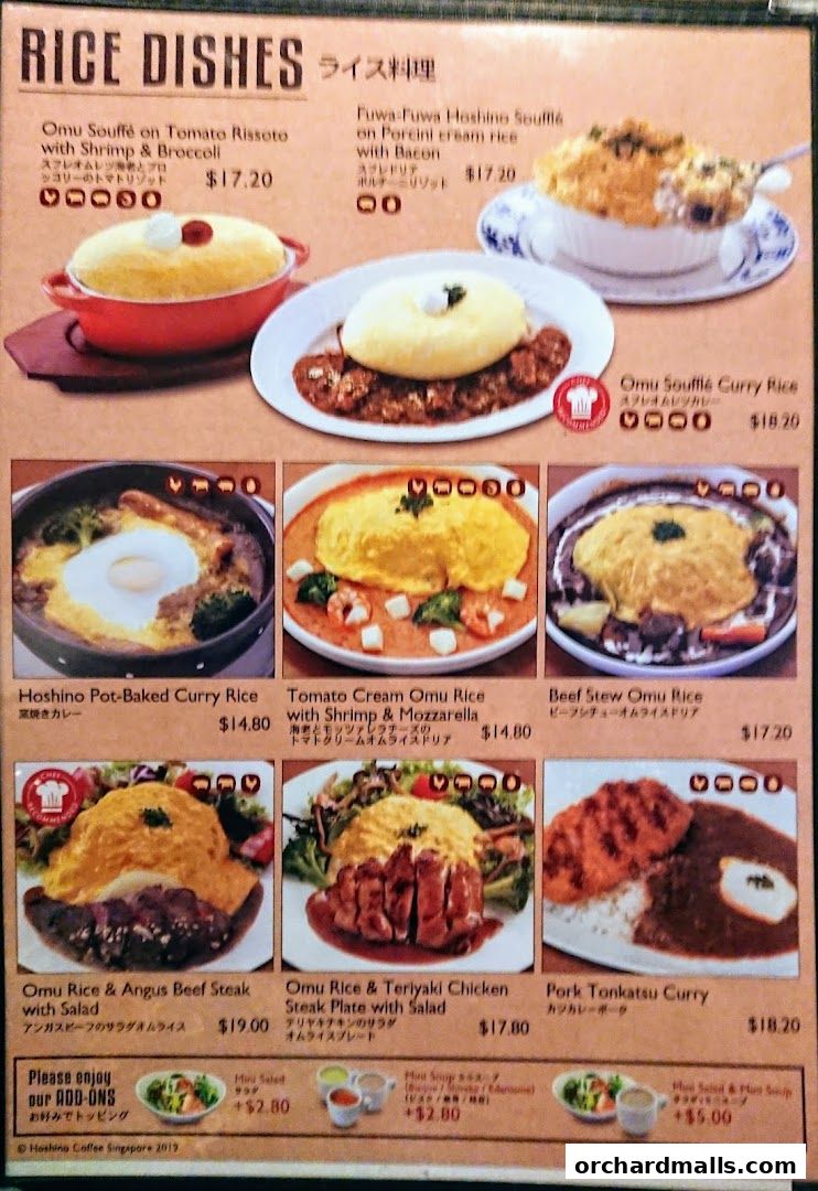 A menu showcasing various rice dishes, including soufflé omelets and curry rice.