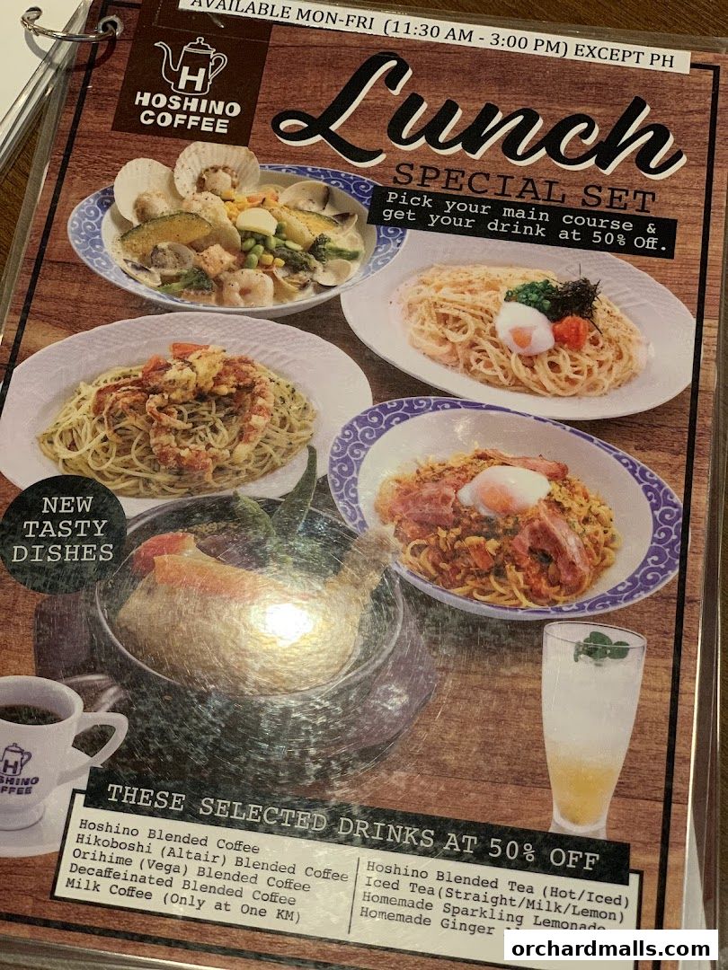 A menu featuring Hoshino Coffee's lunch special set with various pasta dishes and drinks.