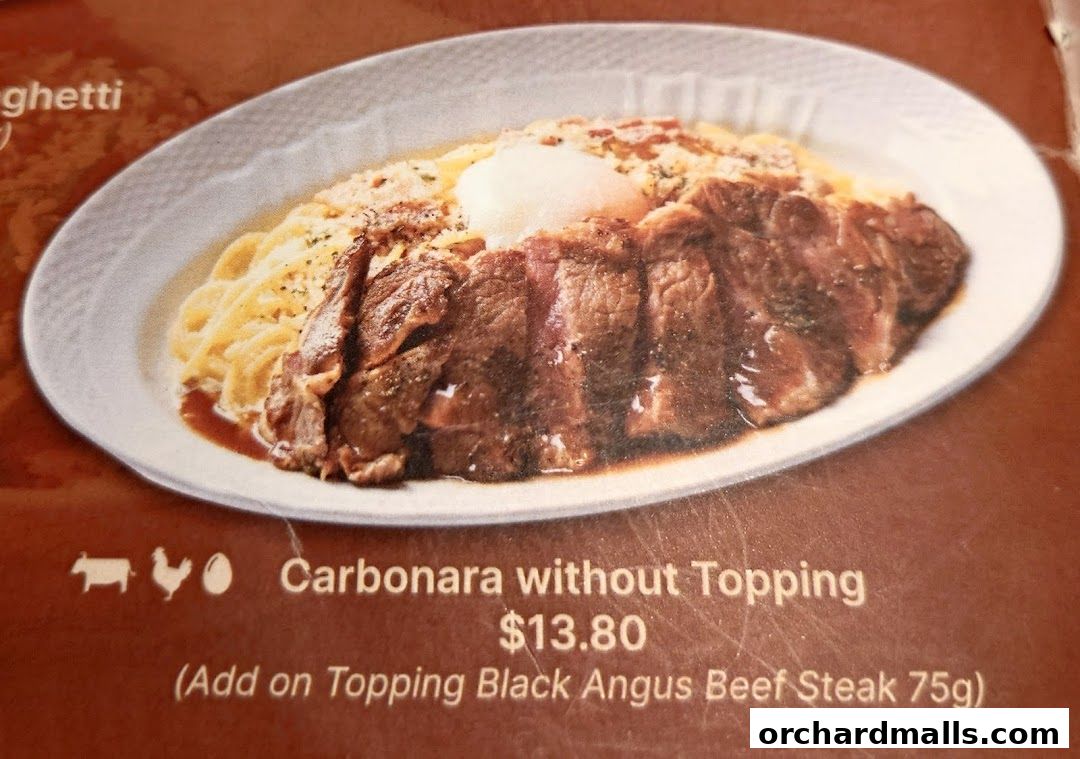 A plate of Carbonara pasta with sliced steak and a poached egg.