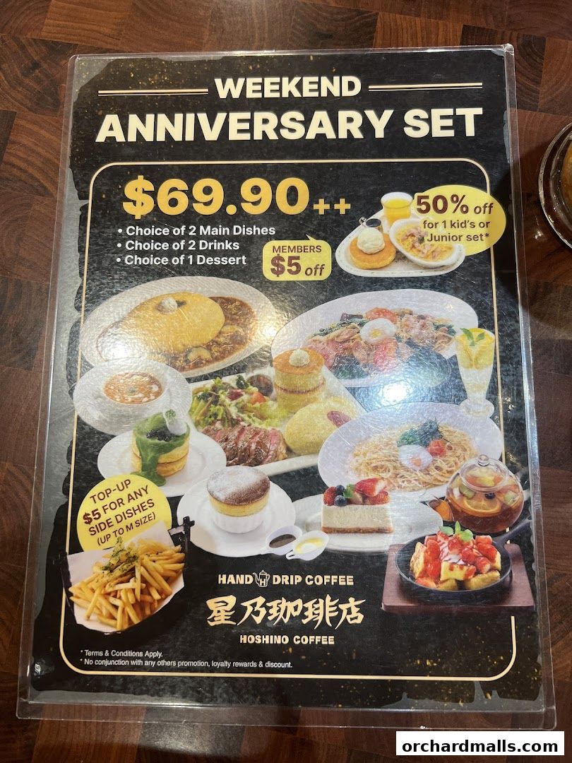 A menu for Hoshino Coffee's Weekend Anniversary Set, featuring various dishes and drinks.