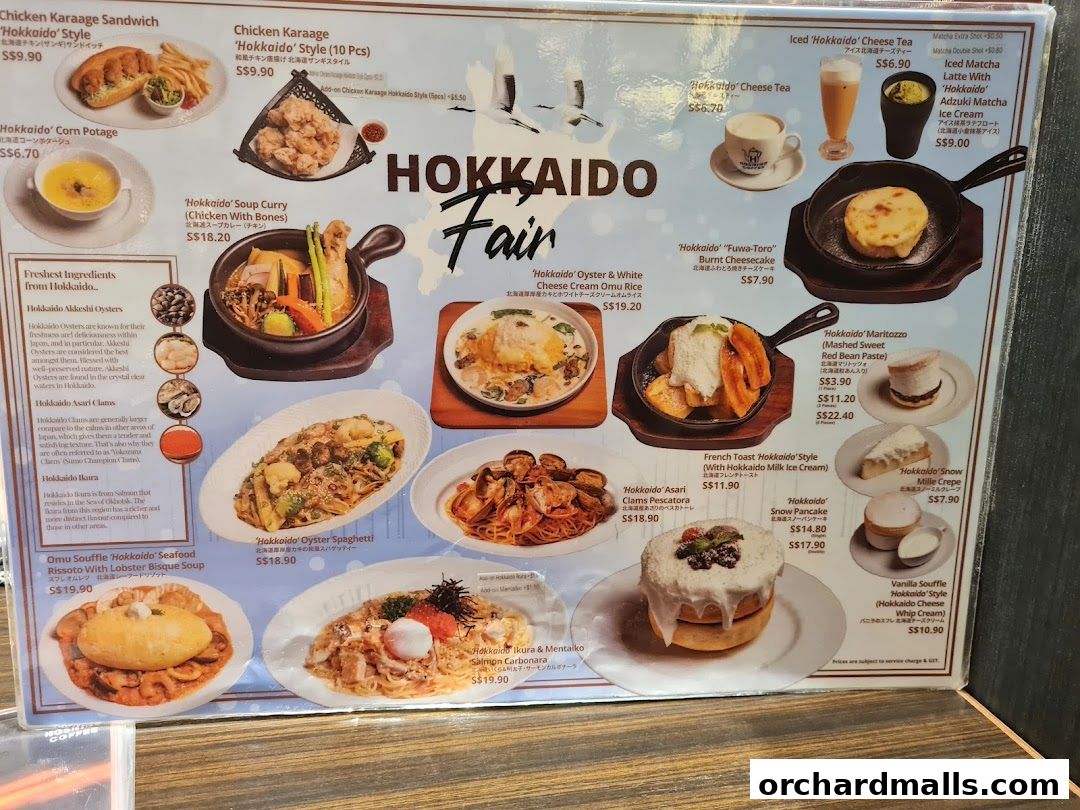 A menu showcasing various Hokkaido-themed dishes and desserts with enticing food photography.