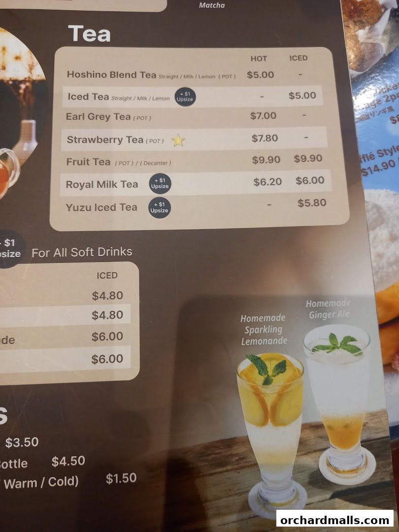 A menu featuring various teas, including Hoshino Blend Tea, Earl Grey, and fruit teas.