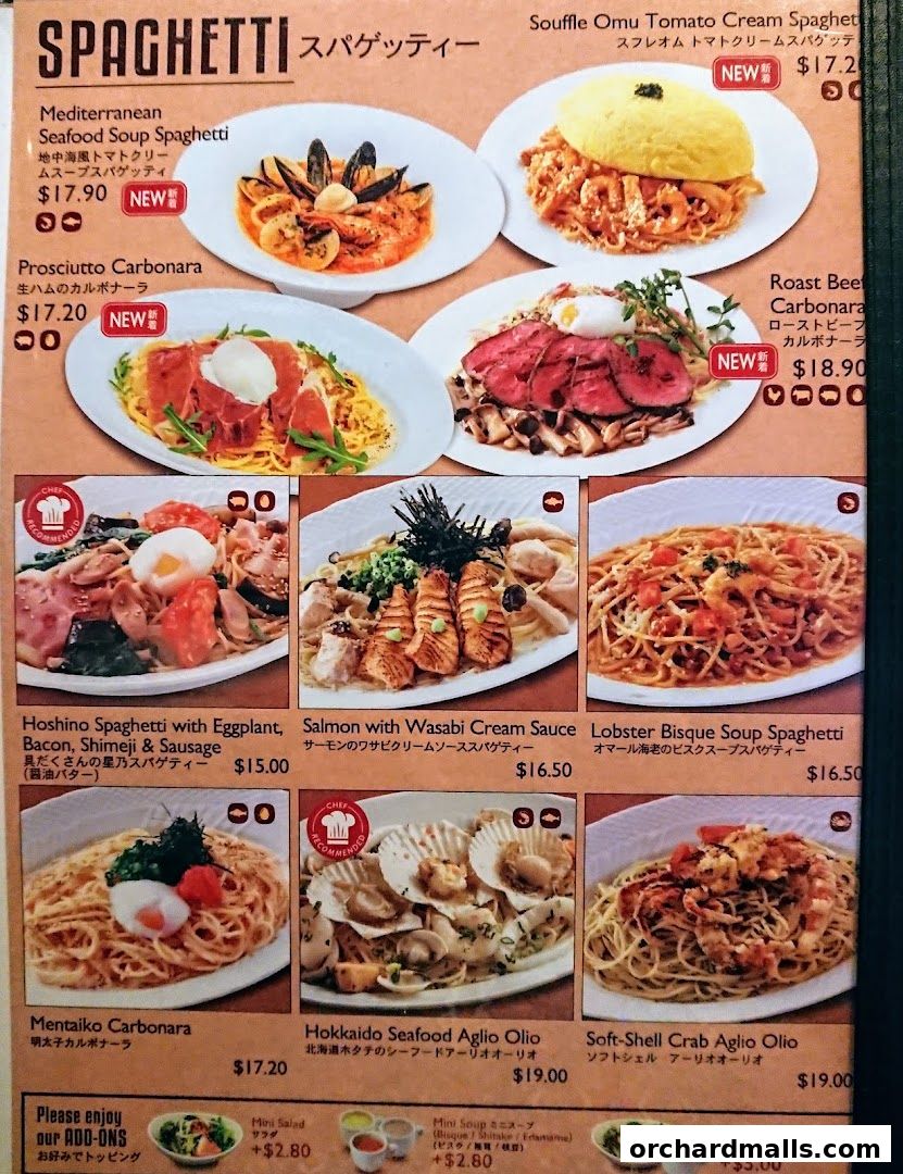 A menu showcasing various spaghetti dishes with enticing images and descriptions.