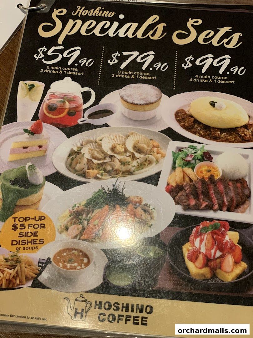 A menu from Hoshino Coffee featuring special sets with main courses, drinks, and desserts.