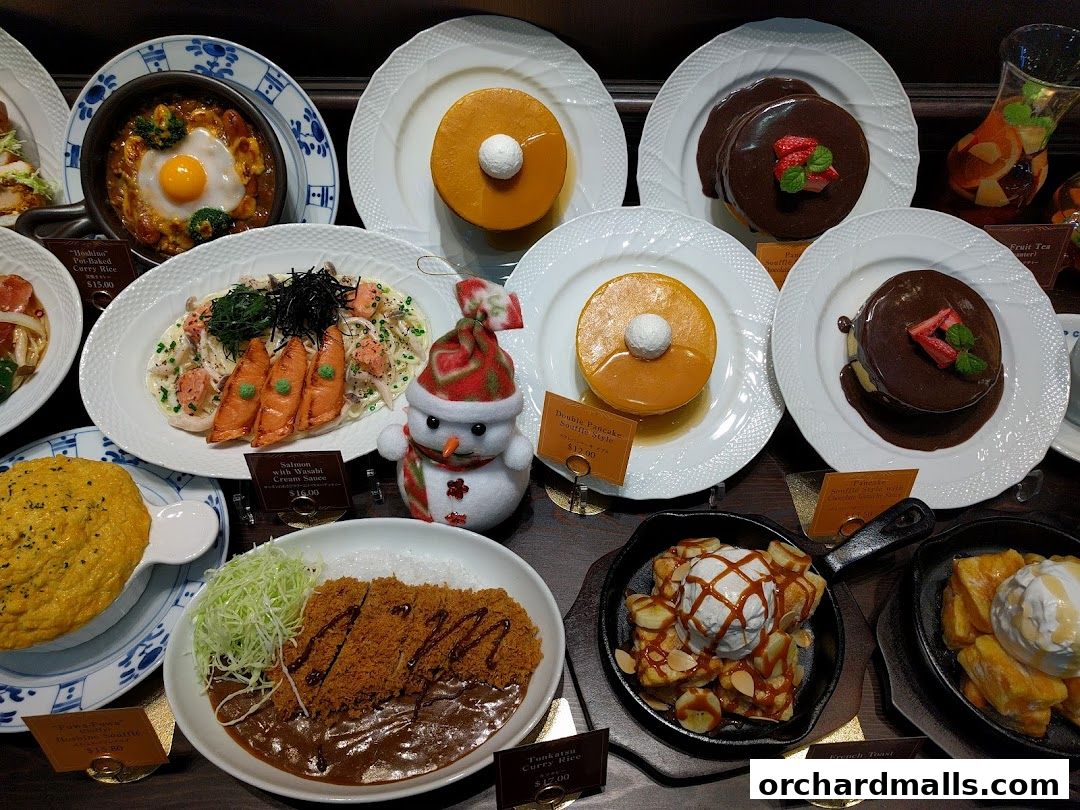 A display of various Hoshino Coffee dishes, including pancakes, pasta, curry, and French toast.