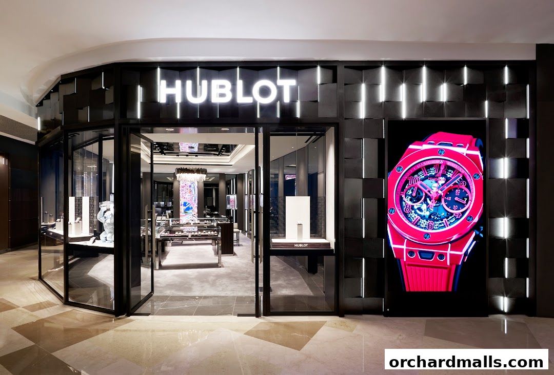 The exterior of the Hublot Singapore ION Orchard Boutique, featuring a large pink watch display.