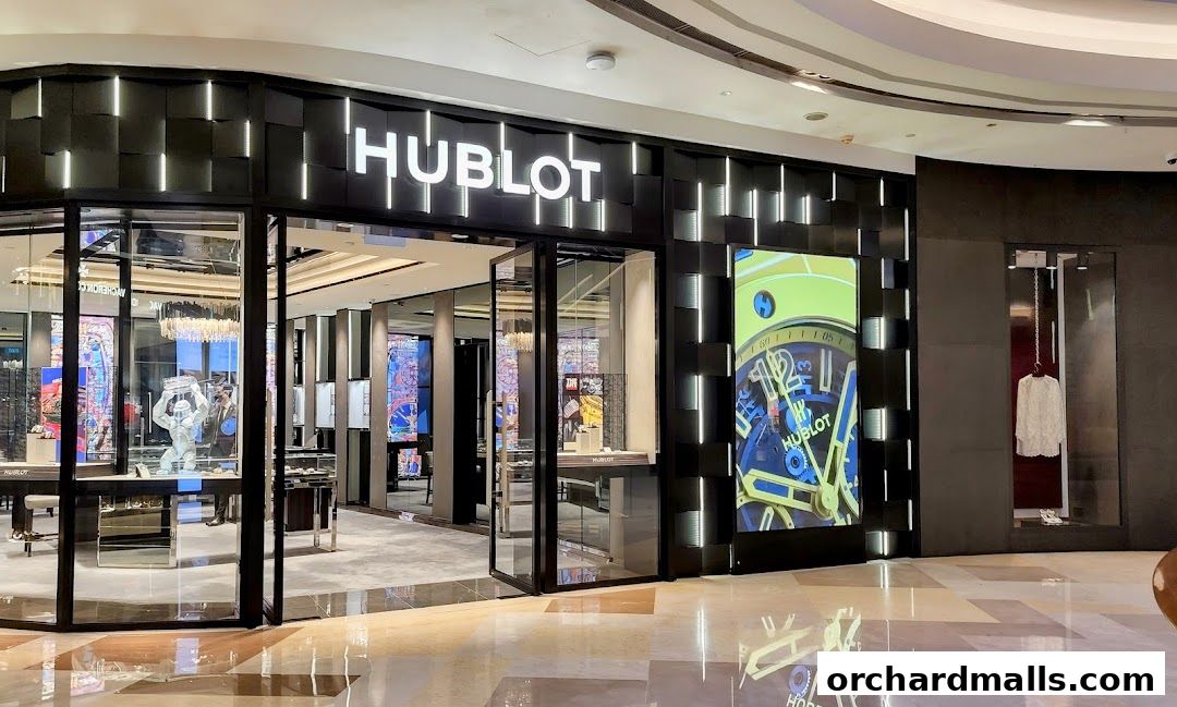 The exterior of the Hublot Singapore ION Orchard Boutique, showcasing its modern facade and luxury watches.