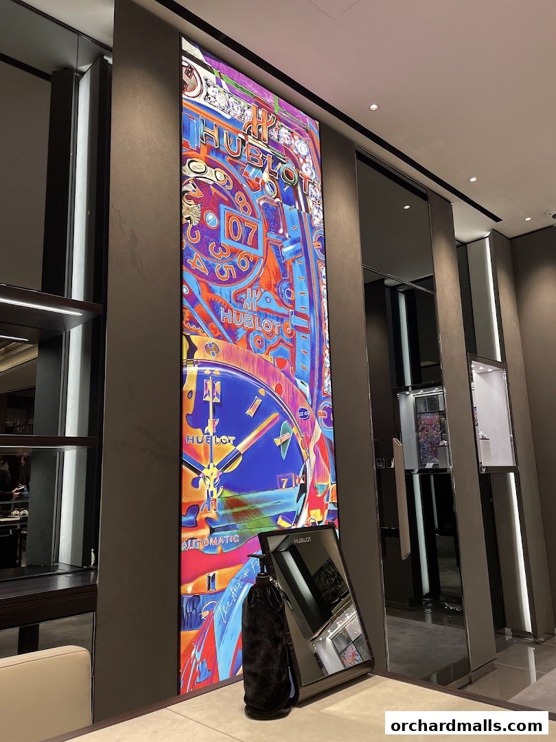 Interior shot of a Hublot boutique featuring a large, colorful digital display of a watch face.