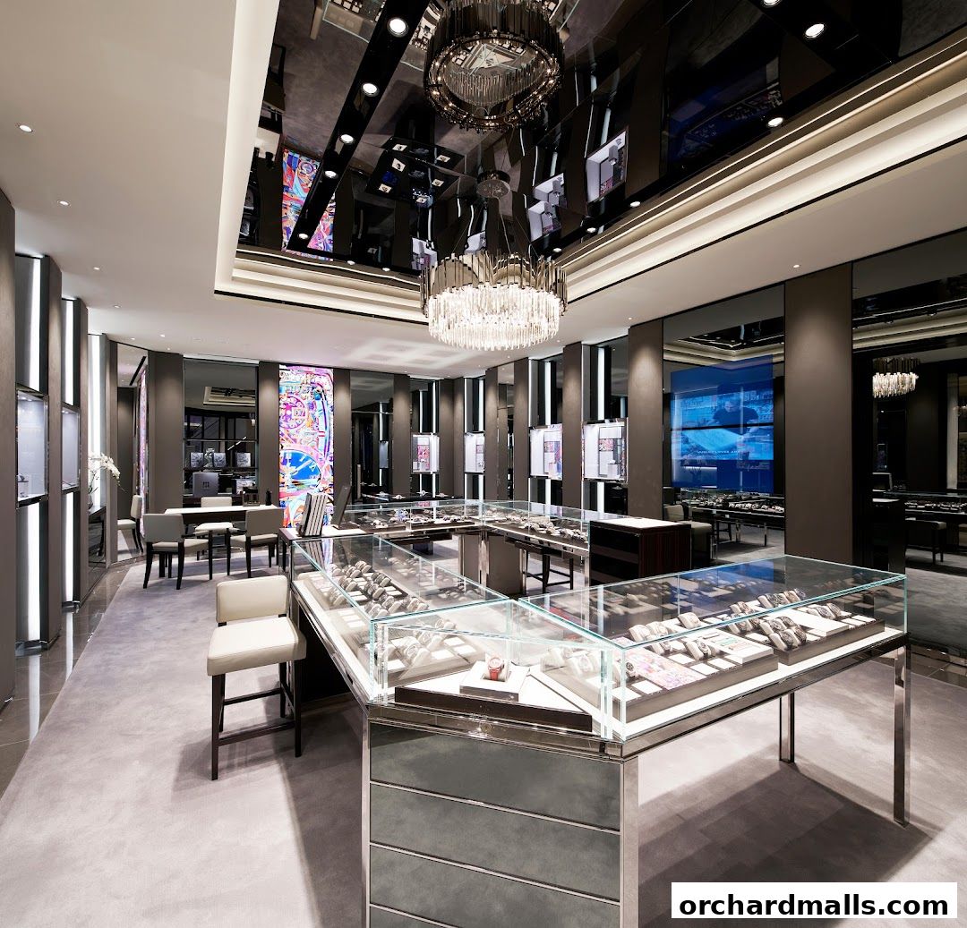 Interior of a luxury watch boutique with display cases filled with watches and elegant lighting.