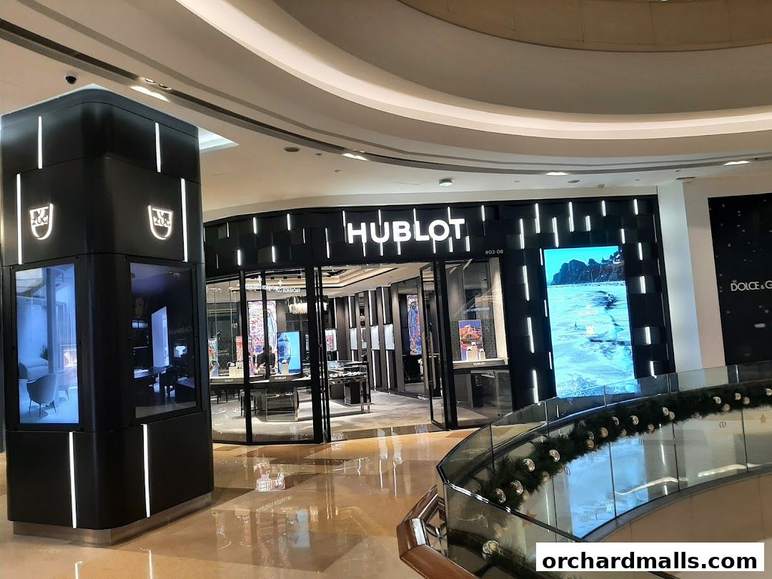 The Hublot Singapore ION Orchard Boutique features a sleek, modern storefront with illuminated displays and a prominent logo.