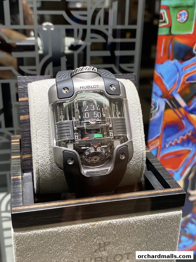 A close-up of a Hublot MP-05 LaFerrari watch on display.