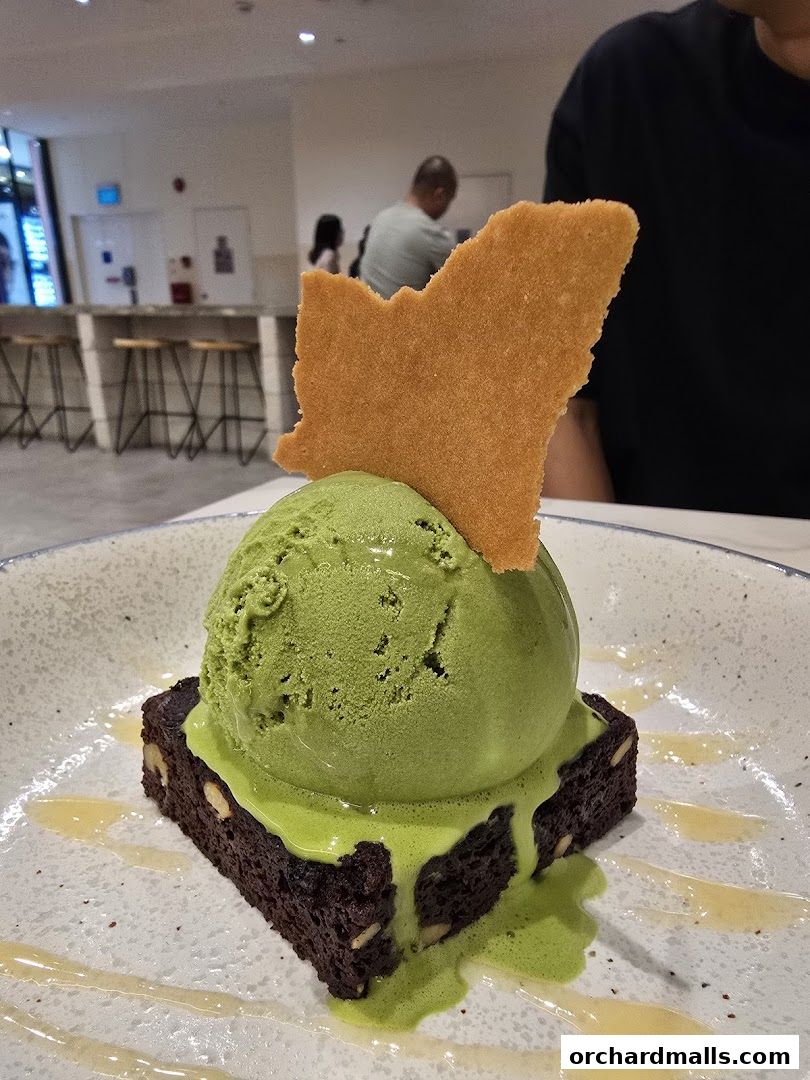 A delicious matcha ice cream dessert served on a brownie with a crispy wafer.