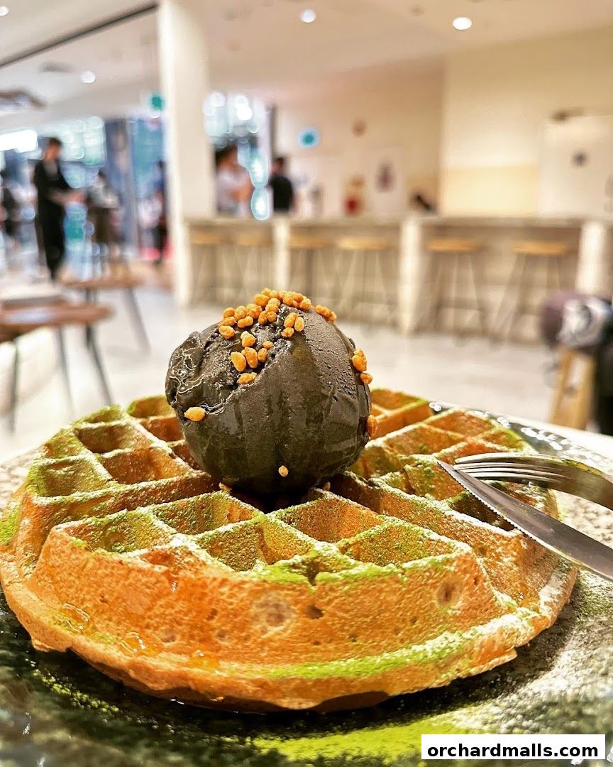 A close-up of a matcha waffle topped with dark ice cream and crunchy bits.