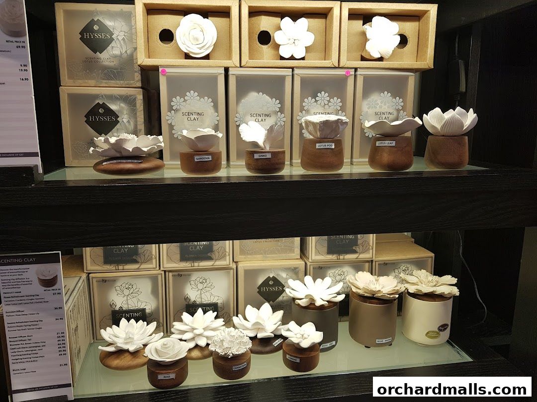 A display of HYSSES Scenting Clay aromatherapy products with floral designs.