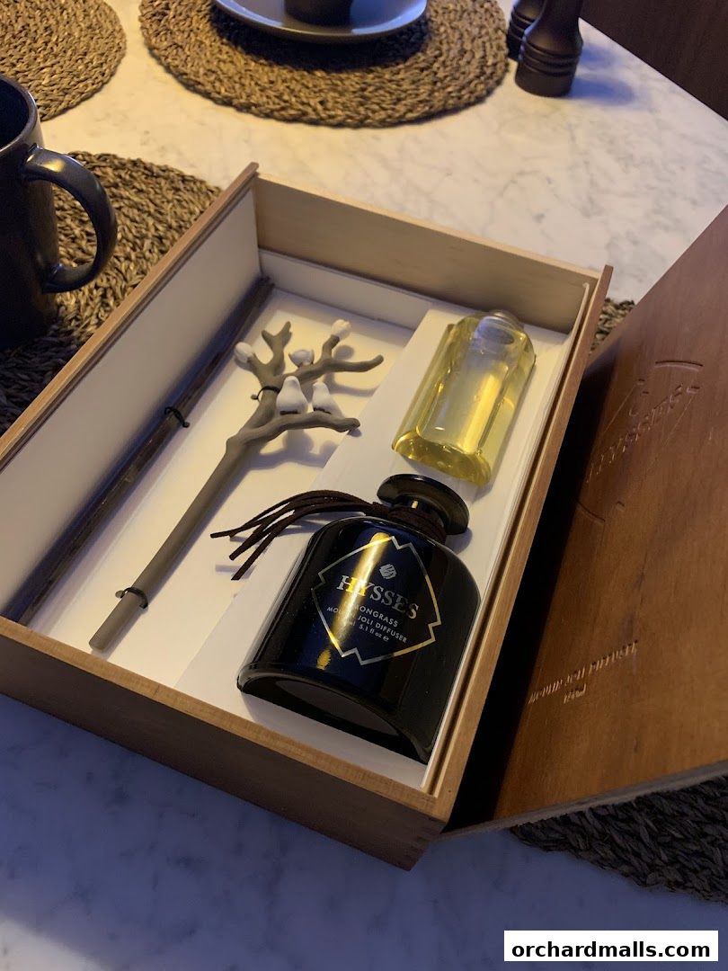 A HYSSES lemongrass diffuser set with a decorative bird branch in a wooden box.