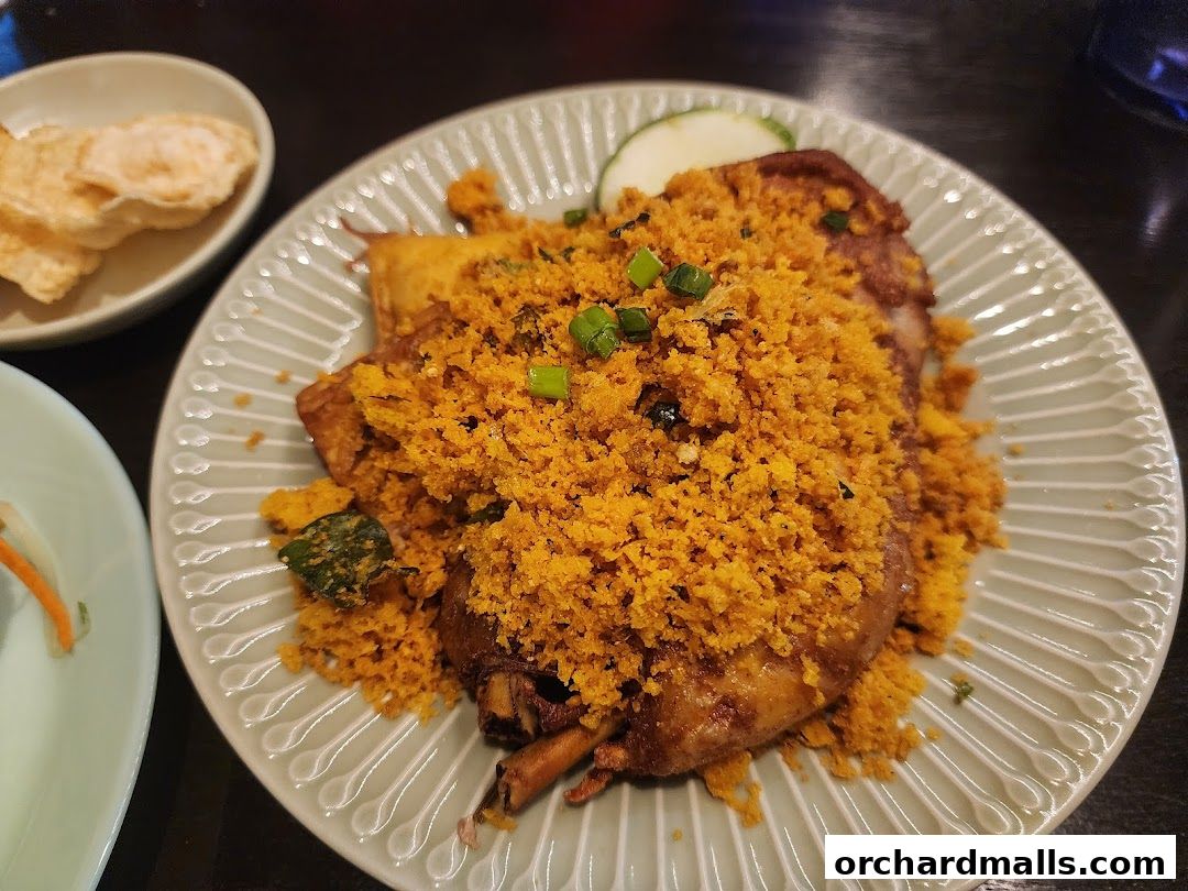 A plate of crispy fried chicken topped with golden crumbs and garnished with spring onions.