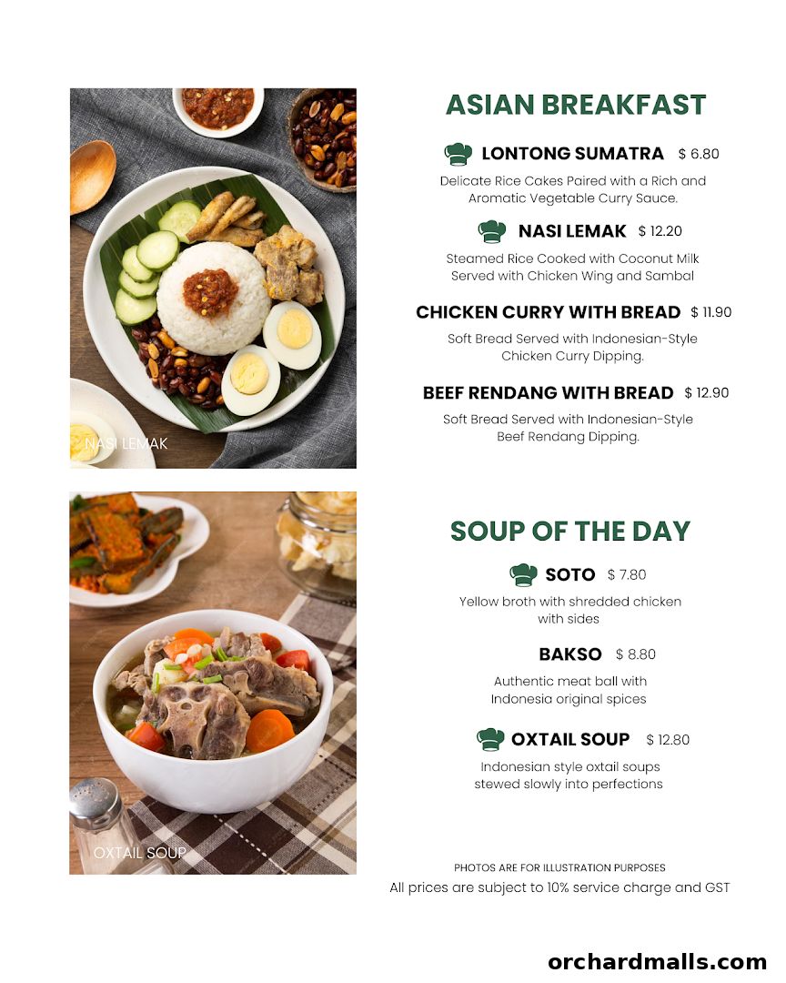 A menu showcasing Asian breakfast and soup dishes with enticing descriptions and prices.