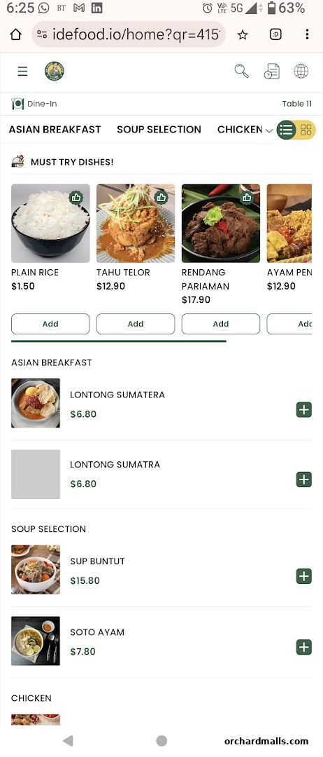 A digital menu displaying Asian breakfast, soup selections, and chicken dishes with prices.