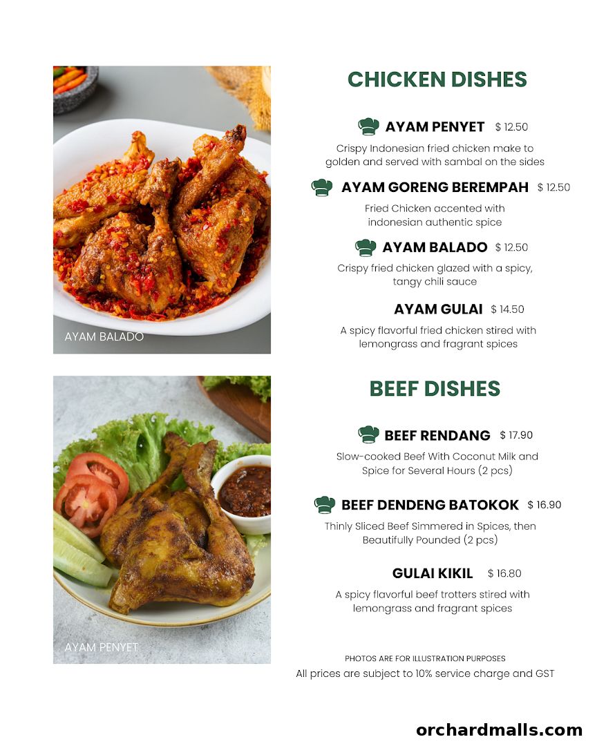 A menu featuring chicken and beef dishes with appetizing images and descriptions.