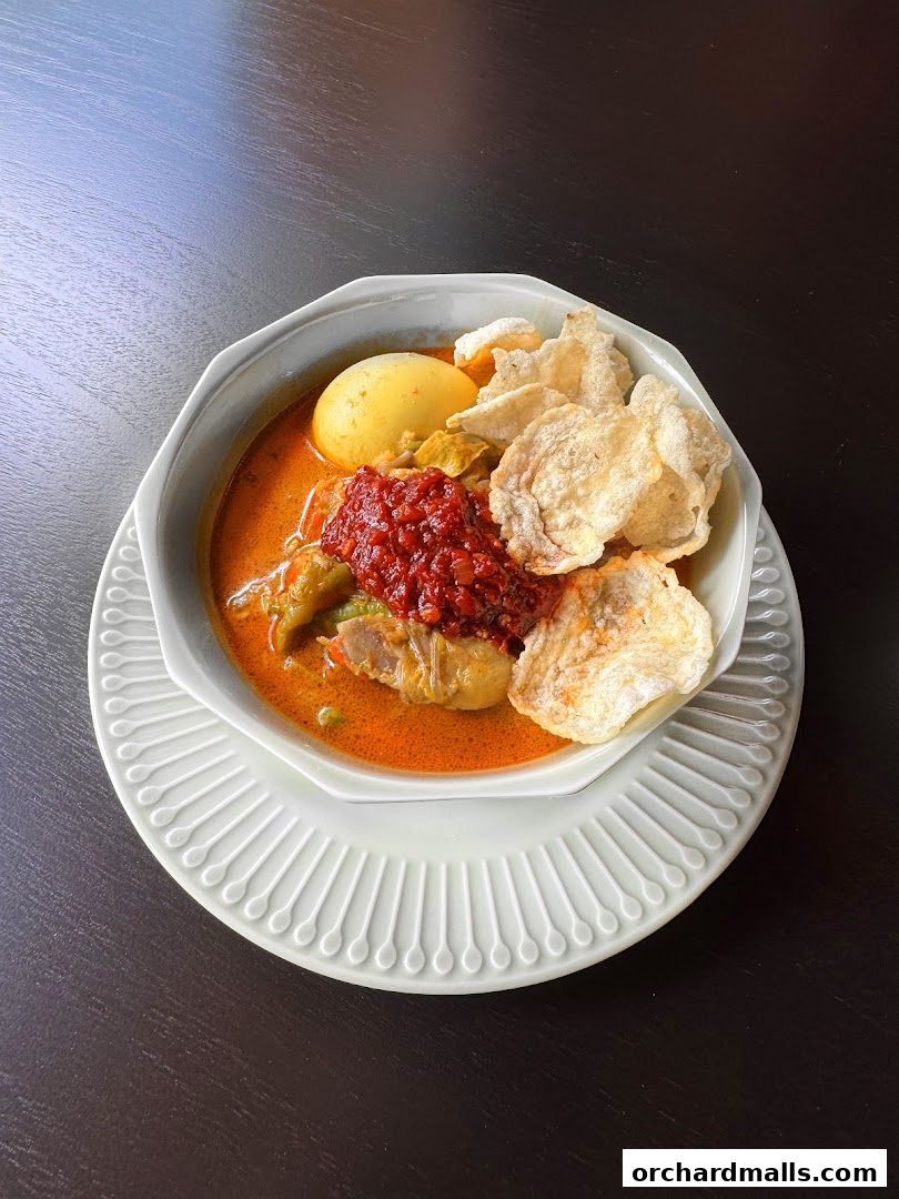 A bowl of Lontong Cap Go Meh with chicken, egg, and crackers.