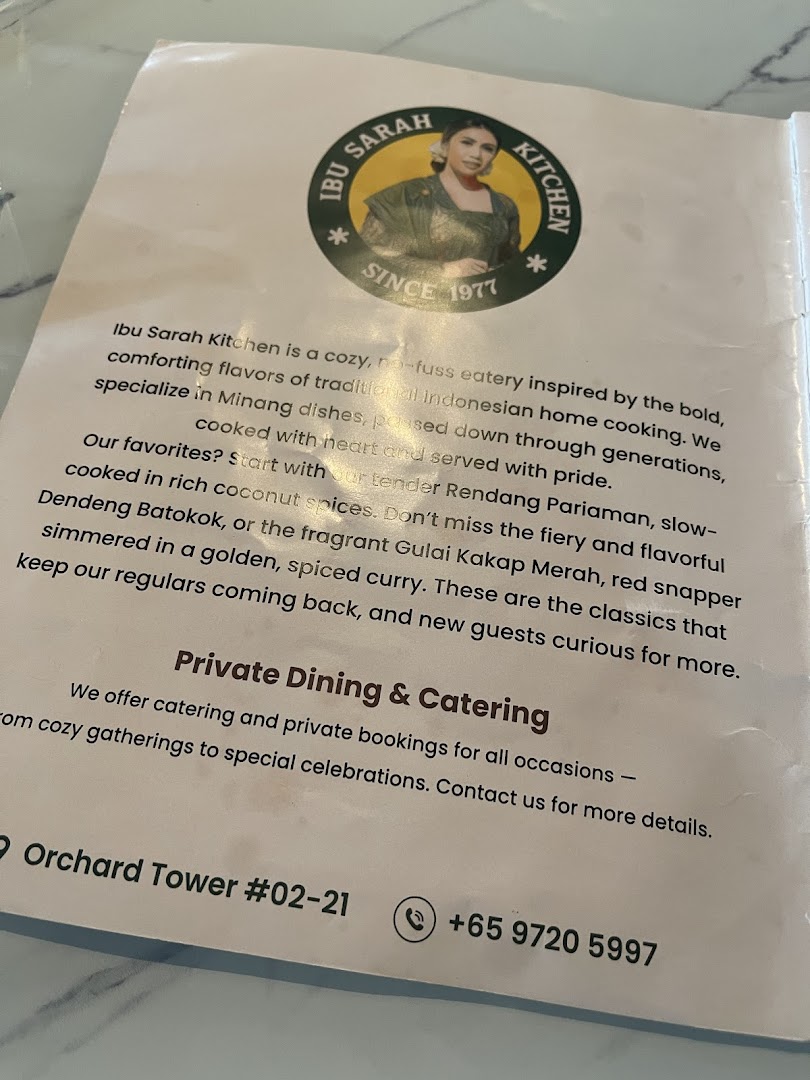 Menu page for Ibu Sarah Kitchen restaurant and Tea House Orchard Towers