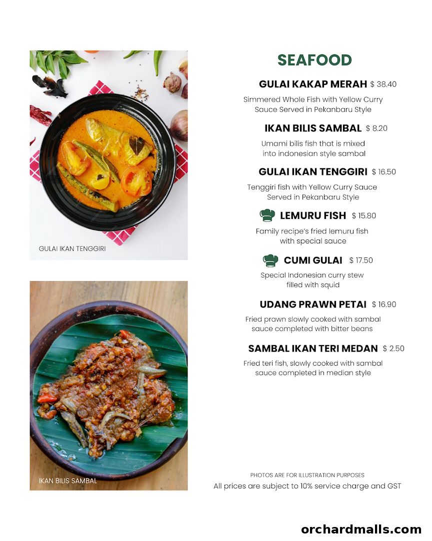 A menu page showcasing seafood dishes with appetizing images and descriptions.