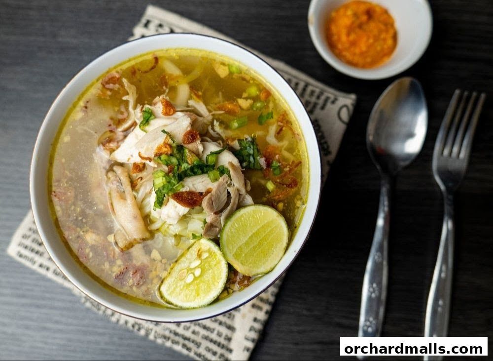 A close-up shot of a delicious bowl of chicken soup with lime and herbs.