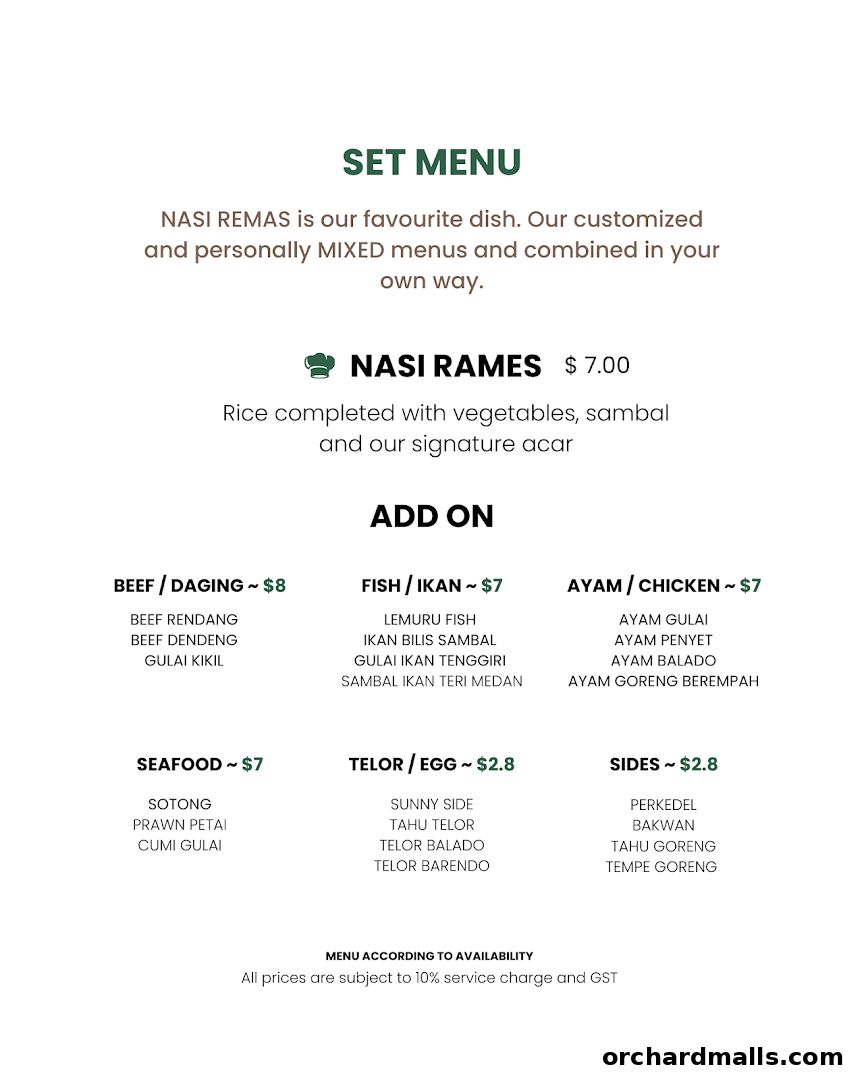 A set menu for Ibu Sarah Kitchen restaurant and Tea House, featuring Nasi Rames and add-on options.