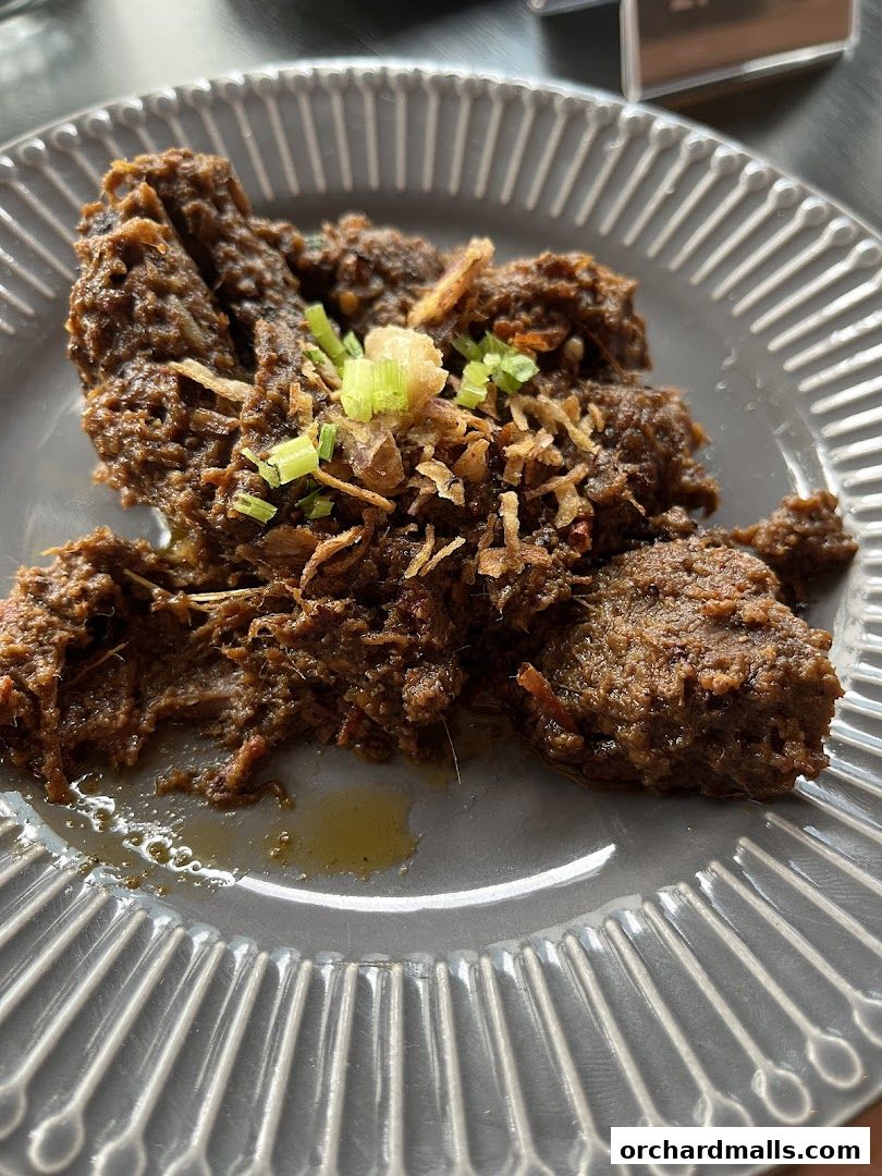 A close-up of a plate of delicious beef rendang, garnished with fried shallots and spring onions.