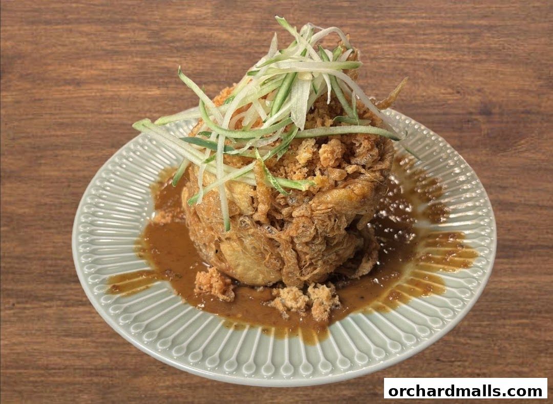 A close-up of a delicious fried dish topped with shredded cucumber and sauce.