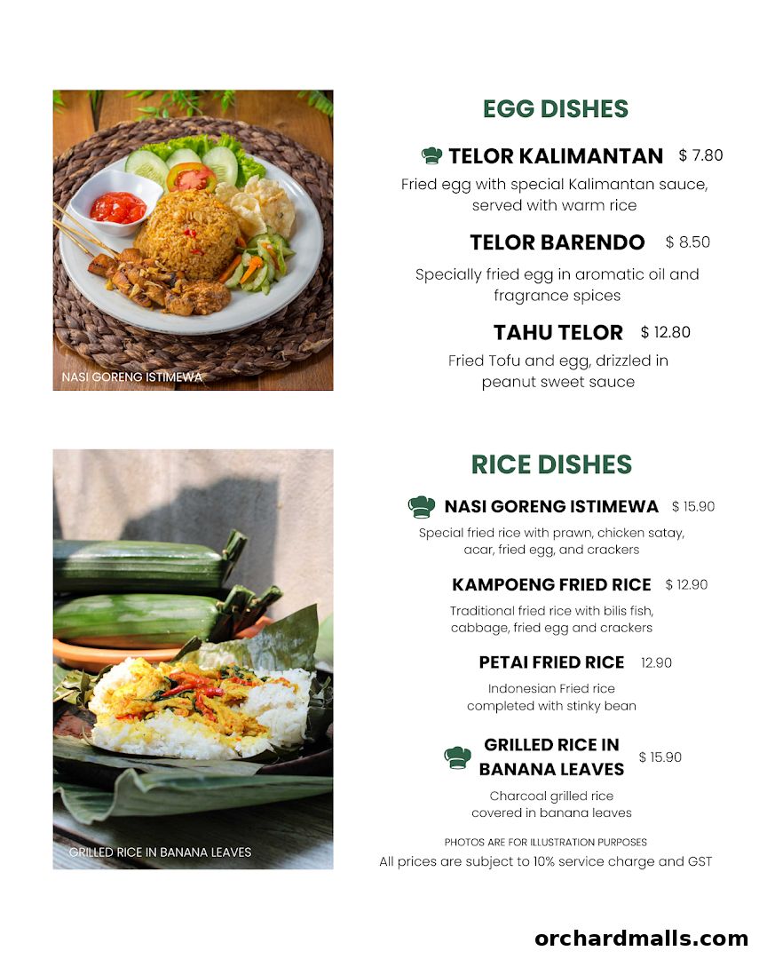 A menu featuring Indonesian egg and rice dishes with enticing descriptions and prices.