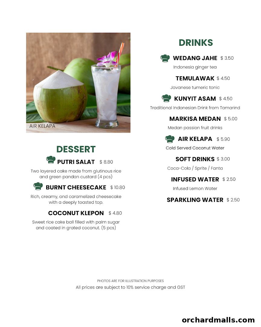 A menu featuring desserts and drinks from Ibu Sarah Kitchen restaurant and Tea House.