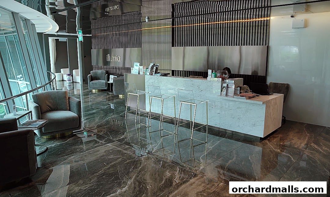 The reception area of an aesthetic clinic with a marble counter, chairs, and modern decor.