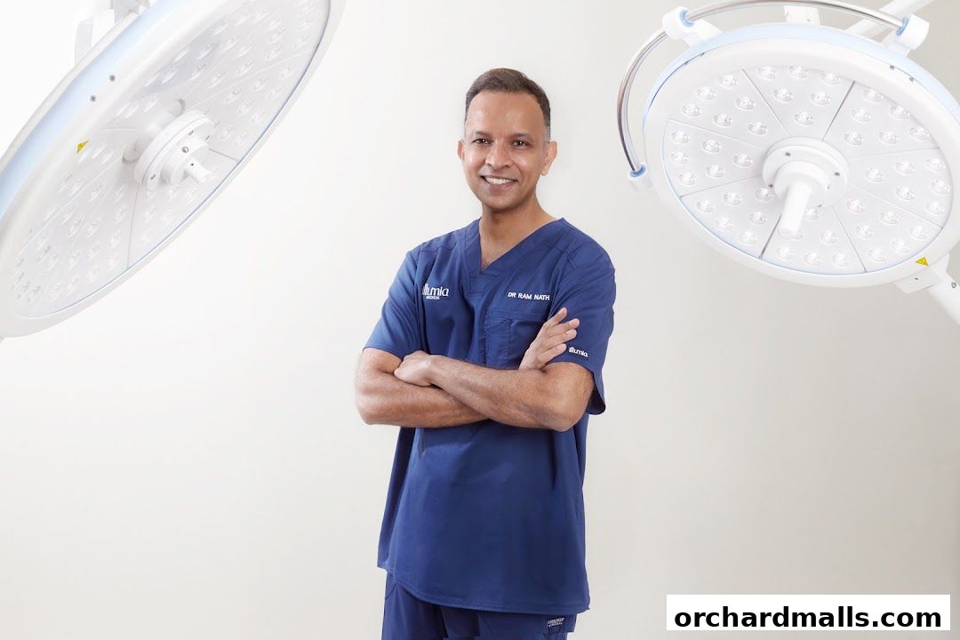 A doctor in scrubs stands with arms crossed under surgical lights.