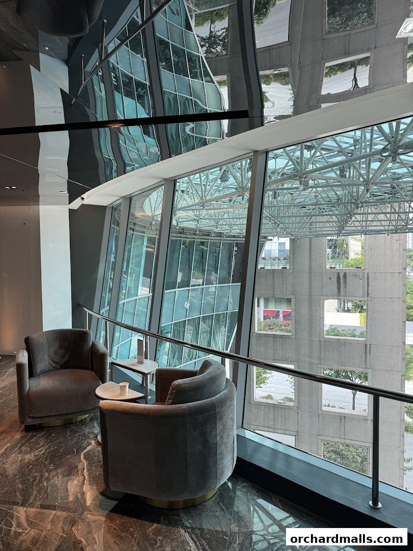 Luxurious waiting area with plush chairs and a view of the city through large windows.