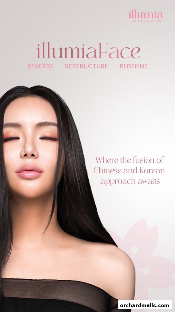 A woman with closed eyes and makeup, promoting beauty services with text about Chinese and Korean approaches.