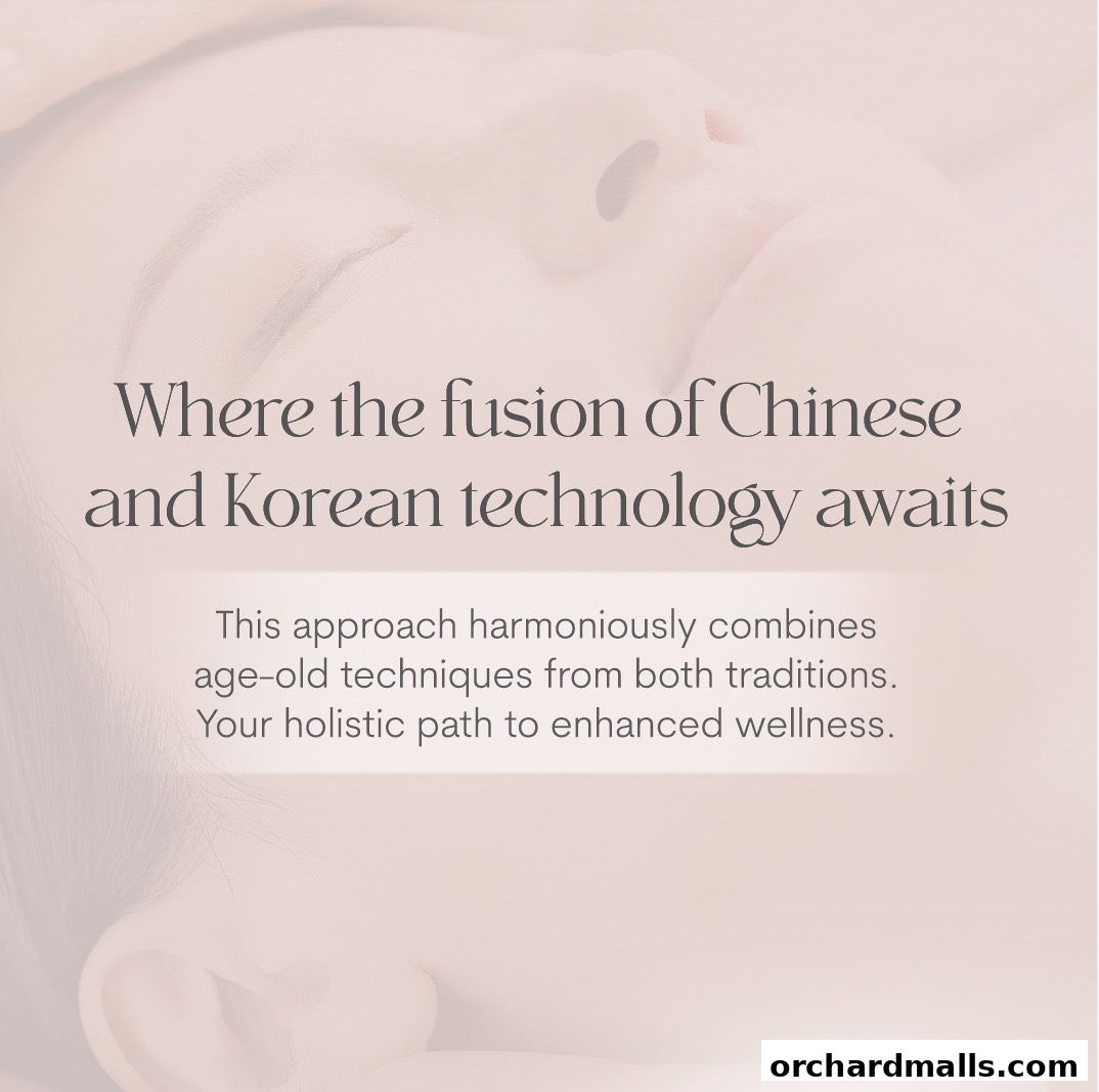 A serene image with text about the fusion of Chinese and Korean beauty technology.