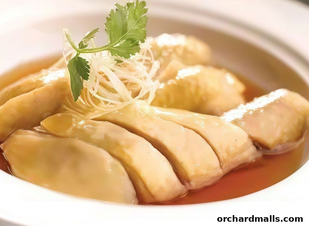A close-up shot of succulent, sliced chicken in a savory broth, garnished with herbs.